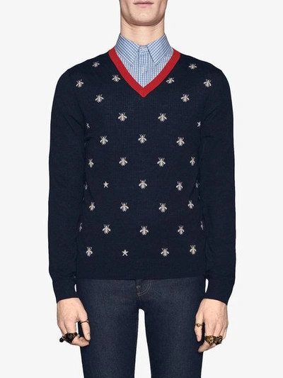 Shop Gucci Wool V-neck With Bees And Stars In Blue