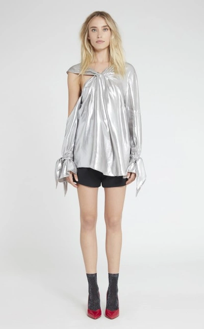 Iro Agata Long-sleeve Lam&eacute; Blouse, Silver