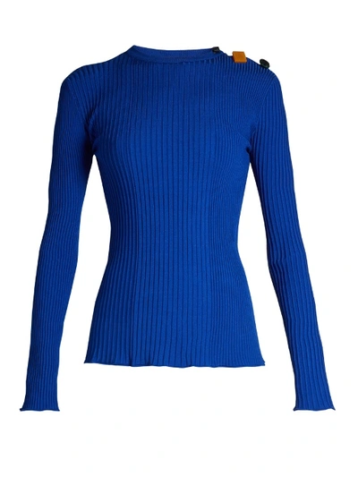 Roksanda 'rhea' Geometric Button Shoulder Rib Knit Sweater In Blue