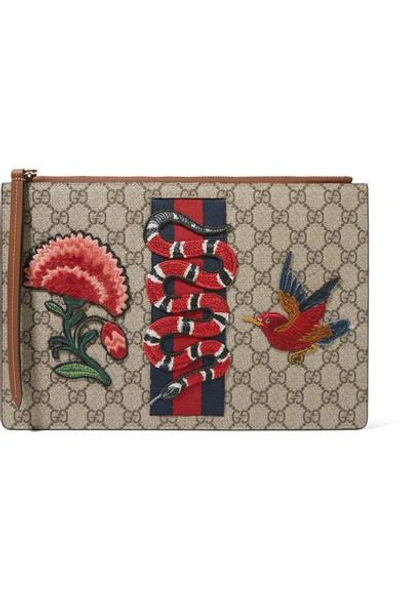 Shop Gucci Merveilles Appliquéd Coated-canvas And Leather Pouch In Beige