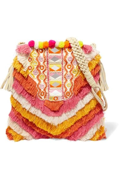 Shop Antik Batik Frika Leather-trimmed Fringed Cotton Shoulder Bag