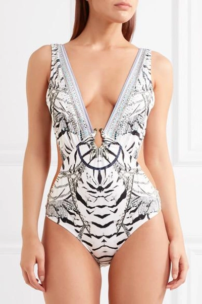 Shop Camilla Chinese Whispers Cutout Embellished Printed Swimsuit In Gray