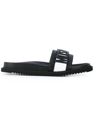 Moschino Logo Slide Leather Sandals In Black