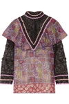 ANNA SUI Embroidered tulle and printed silk-blend chiffon blouse