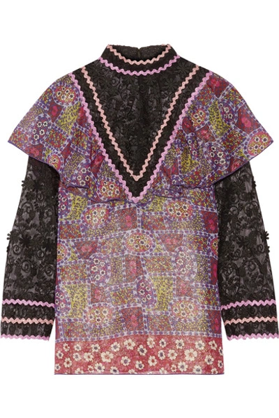 Anna Sui Embroidered Tulle And Printed Silk-blend Chiffon Blouse