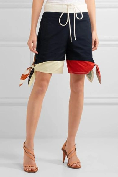 Shop Chloé Colour-block Cotton-twill And Linen-blend Shorts