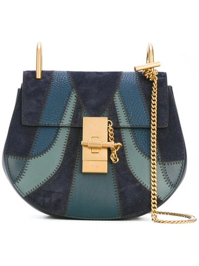 Chloé Drew Mini Patchwork Leather And Suede Shoulder Bag In Ocean-blue