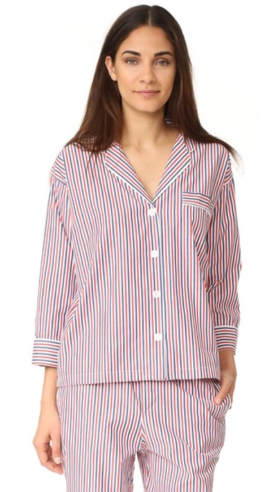 Sleepy Jones Thin Multstripe Marina Pajama Shirt In 白色/红色/海军蓝