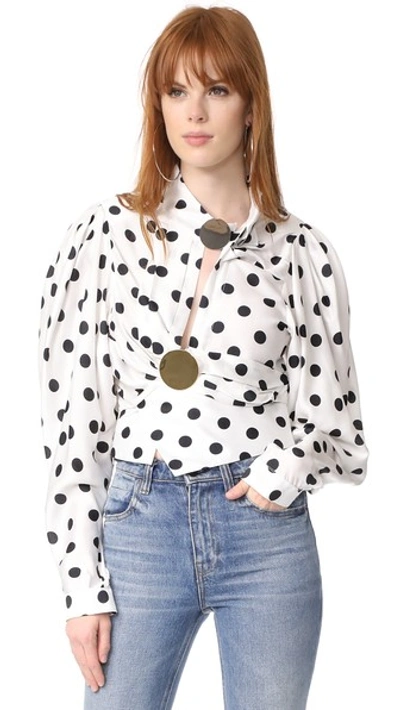 Jacquemus Gold Button Detail Shirt In Geometric Print, White. In White/black Dot