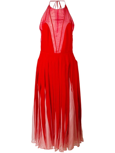 Valentino Chiffon-trimmed Silk Crepe De Chine Halterneck Midi Dress In Pink & Red