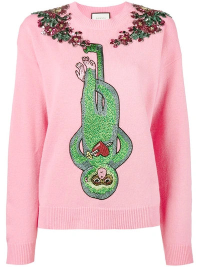Gucci Monkey Embroidered Jumper In Pink
