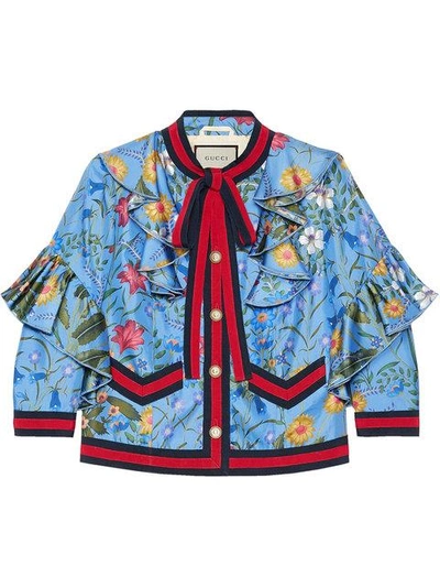 Shop Gucci New Flora Silk Jacket In Blue