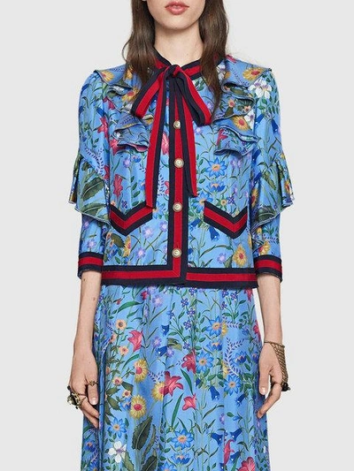 Shop Gucci New Flora Silk Jacket In Blue