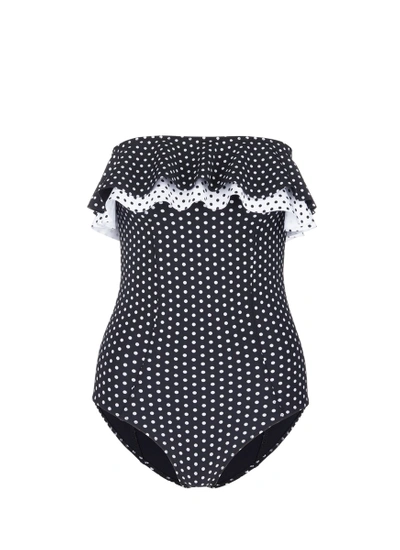Shop Lisa Marie Fernandez 'sabine' Polka Dot Ruffled Strapless One-piece Swimsuit