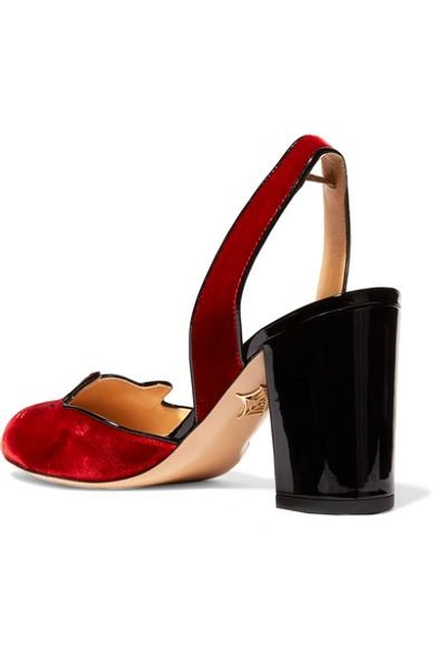 Shop Charlotte Olympia Kitty Embroidered Patent Leather-trimmed Velvet Pumps In Red