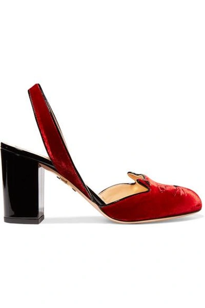 Shop Charlotte Olympia Kitty Embroidered Patent Leather-trimmed Velvet Pumps In Red