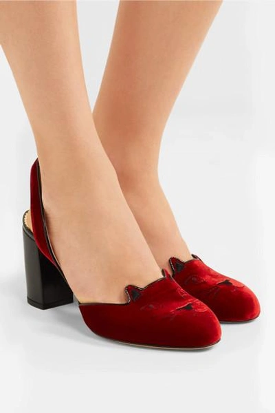 Shop Charlotte Olympia Kitty Embroidered Patent Leather-trimmed Velvet Pumps In Red