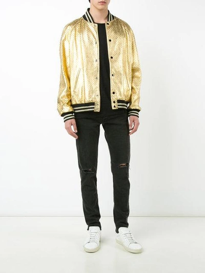 Shop Saint Laurent Perforated Teddy Baseball Jacket