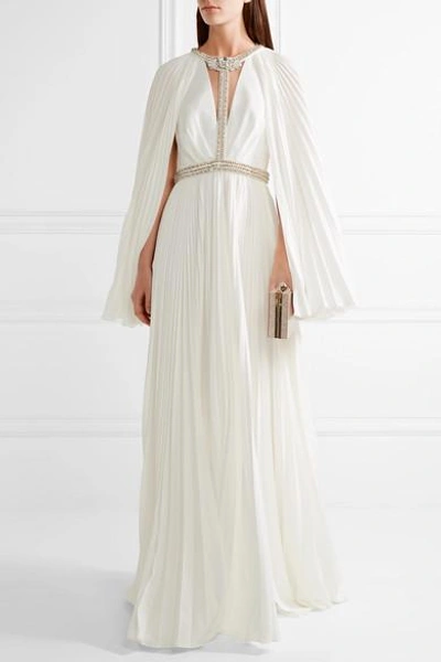 Shop Jenny Packham Cape-effect Embellished Plissé Crepe De Chine Gown