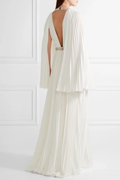 Shop Jenny Packham Cape-effect Embellished Plissé Crepe De Chine Gown