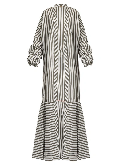 Johanna Ortiz Ruched-sleeve Striped Stretch-cotton Coat In White And Military-green