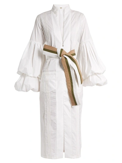 Johanna Ortiz Palomino Balloon-sleeve Bow-belt Poplin Dress In White