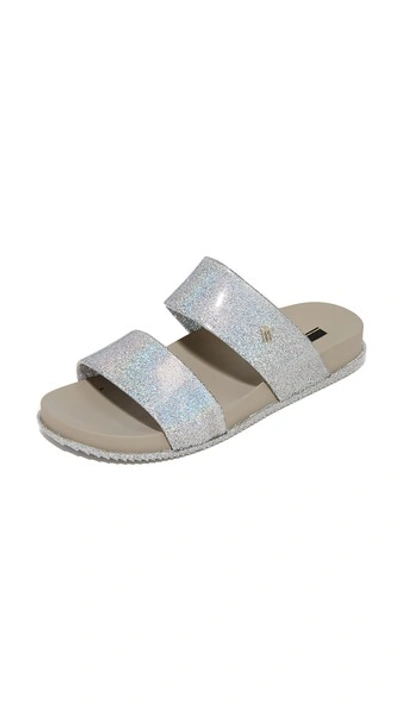 Melissa Cosmic Metallic Glitter Two Band Slide Sandals In Silver Glitter