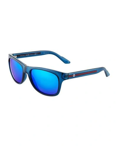 Gucci Square Plastic Sunglasses W/ Web Arms, Blue