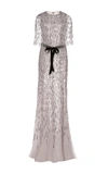 MONIQUE LHUILLIER Embroidered Gown with Integral Cape
