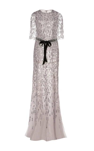 Monique Lhuillier Short-sleeve Sequined Capelet Gown, Silver