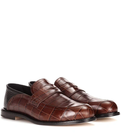 Shop Loewe Embossed Leather Loafers