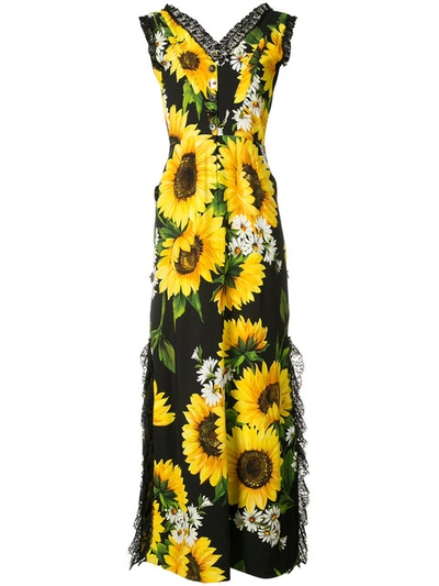 Dolce & Gabbana Sunflower Lace Detail Maxi Dress In Sunflower Print