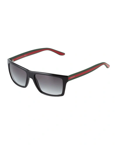 Gucci Rectangle Plastic Sunglasses W/ Web Arms, Black
