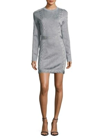 Balmain Long Sleeve Grommet-laced Sheath Dress In Grey