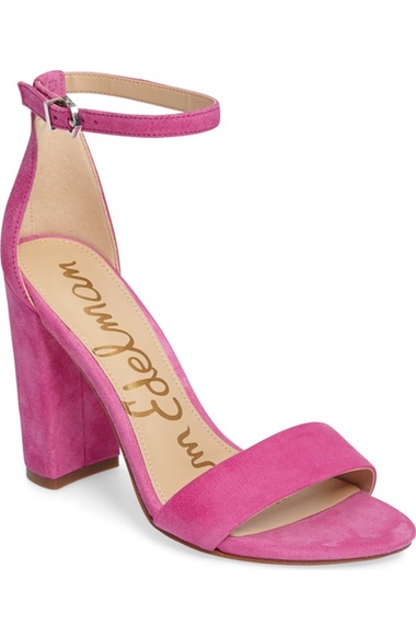 pink suede block heels