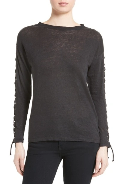 Shop Iro Lace-up Sleeve Linen Tee In Black