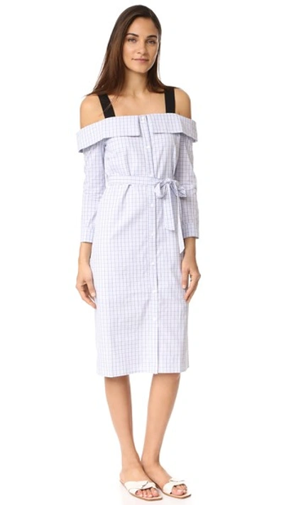 English Factory Plaid Off Shoulder Dress In Sky Blue