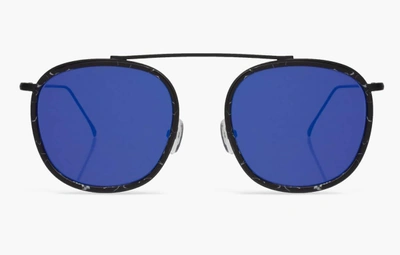 Illesteva Mykonos Ace Sunglasses | Black Marble / Matte Black With Violet Flat Mirrored Lenses