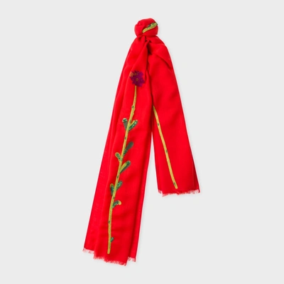 Paul Smith Women's Red Embroidered Flowers Wool Scarf
