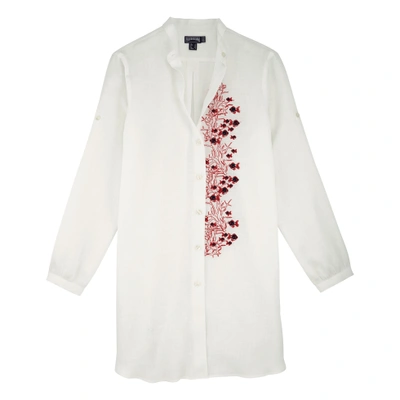 Vilebrequin Coral & Fish Embroidered Long Linen Shirt, Franche - White