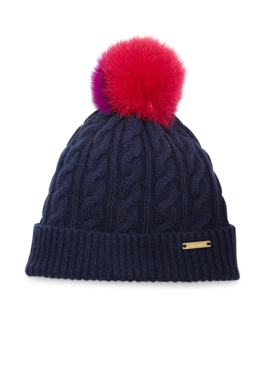 Burberry Cable-knit Wool, Cashmere & Fox Fur Beanie In Navy-green