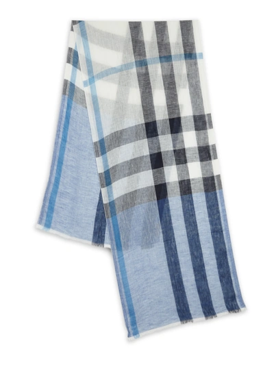 Burberry Plaid Linen Scarf In Chalk Blue