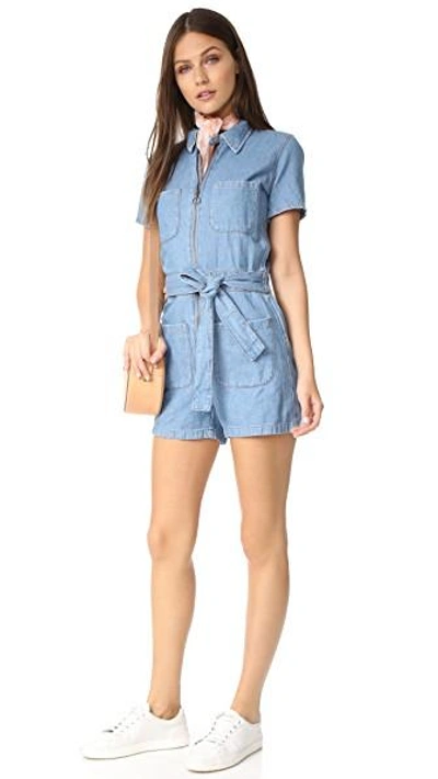 Shop Madewell Denim Zip Romper In Blue Denim