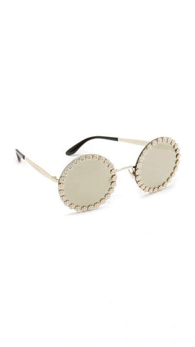 Dolce & Gabbana 56mm Floral-trim Mirrored Round Sunglasses In White/gold |  ModeSens