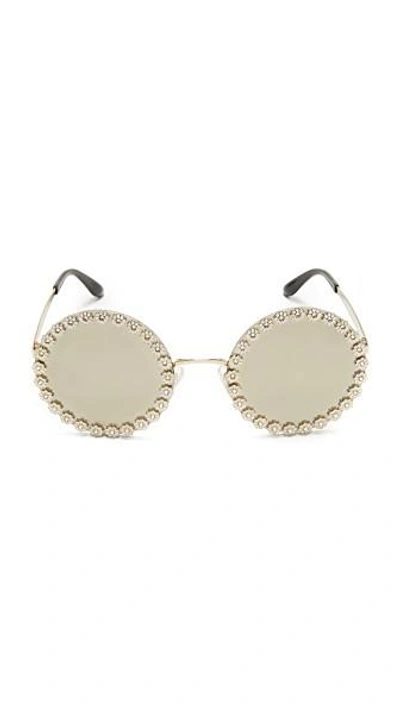 Dolce & Gabbana 56mm Floral-trim Mirrored Round Sunglasses In White/gold |  ModeSens