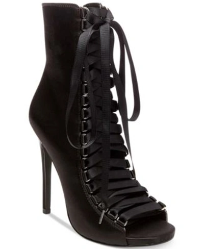 Steve Madden Fuego Lace-up Peep-toe Booties In Black Satin