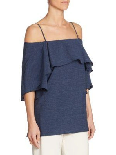 Shop Halston Heritage Cold-shoulder Ruffle Top In Dark Denim