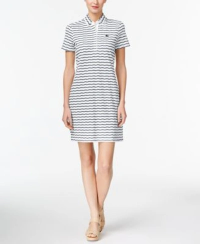 Lacoste Cotton Striped Button-back Polo Dress In White/navy Blue