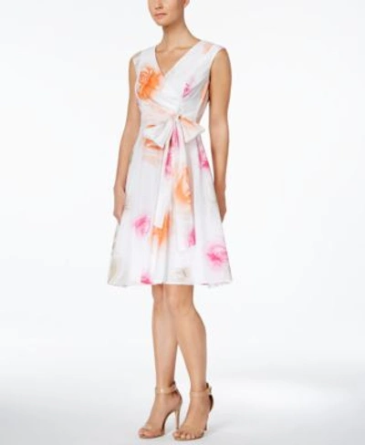 Calvin Klein Floral-print Fit & Flare Dress In White / Ember