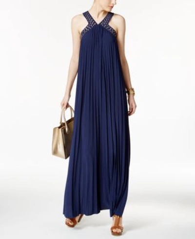 Michael Kors Michael  Embellished Pleated Maxi Dress In True Navy
